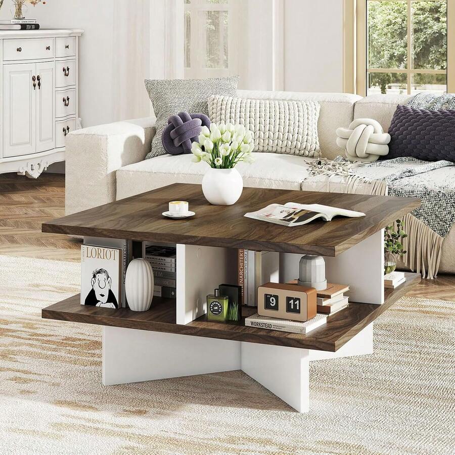 Square Coffee Table, Mid Century Modern Center Table With 4 Storage Compartments & Cross-Shape Base, 24 Inch Farmhouse Coffee Tables For Living Room (Walnut) - Quả óc chó - Xem 1