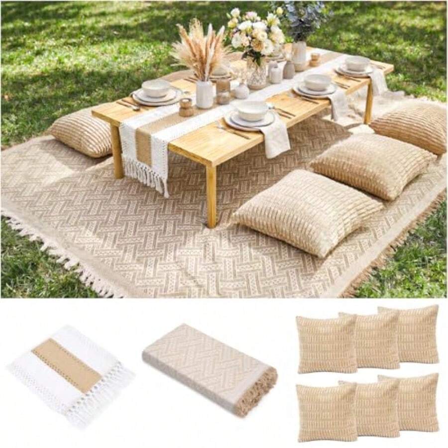 Extra Large Outdoor Boho Picnic Blanket With Table Runner And 6 Throw Pillows Covers For Outdoor Essentials Beach Accessories Garden Party Decoration Patio Park Lawn Grass Ground Festival Mat Beige XL - Màu nâu - Xem 1