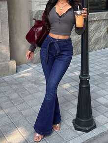 GILIPUR Y2K 女式微喇叭牛仔裤，配腰带，高腰修身，深蓝色水洗，优雅时尚的欧美休闲街头风春季单品 - 寶藍色 - 查看 9