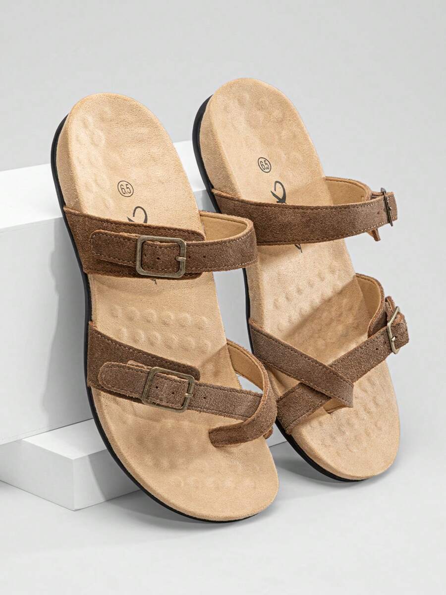 Athlefit Women's Orthopedic Sandals Wide Width Adjustable Comfort Orthotic Flip Flops With Arch Support - 棕色絨面革 - 查看 1