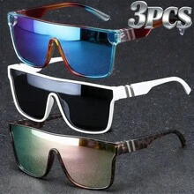 Set de 3 gafas de moda futurista con estampado de leopardo, adecuadas para vacaciones, viajes, conducción, ciclismo, deportes al aire libre, también una opción de regalo ideal para parejas, familia y amigos - Montura ligera de una sola pieza, múltiples patrones de color disponibles para un accesorio perfecto - Multicolor - Ver 4