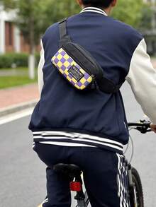 男士棋盤格腰包，休閒斜挎包，適合旅行與街頭穿搭，可調節腰包，棋盤格斜跨胸包，Y2K風格 - 彩色 - 查看 17