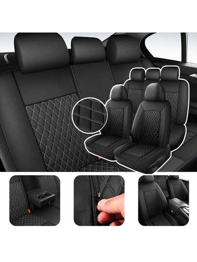 4/9pcs Set PU Leather Car Seat Covers, Waterproof Seat Protector, Breathable Seat Cushion, Universal Fit For Most Sedans, SUVs, Trucks, Luxury Ventilated Front Seat Covers With Lumbar Support, Rear Seat Covers. 9pcs Set Includes: 2 Front Seat Covers, 1 Backrest Cover, 1 Rear Seat Cover, 5 Headrest Covers. 4pcs Set Includes: 2 Front Seat Covers, 2 Headrest Covers.