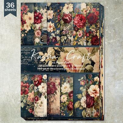 36 Sheets A5 Vintage Blue American Floral Border Background Scrapbooking Paper, Suitable For Bullet Journals, Scrapbooks, Cards And Crafts