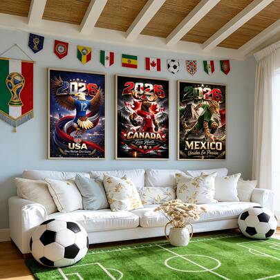 1/3 st 2026 USA Kanada Mexiko VM maskot lyxig canvasposter väggkonst set, valfri ram, exklusiv estetisk rumsdekoration, exklusiv heminredning väggdekoration, perfekt för vardagsrum, sovrum, kontor, barer, universitetssovsalar, badrum, kök, daghem, babyrum, moderiktiga rumsdekorationstillbehör
