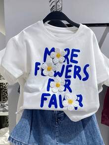Women's Casual Round-Neck Letter-Printed Three-Dimensional Floral Short-Sleeve T-Shirt, Suitable For Summer-Casual Retro Style, Unisex, Comfortable Cotton Short Sleeve Crew Neck T-Shirt - trắng - Xem 8