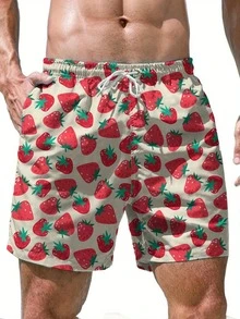 Men's Quick-Dry Beach Shorts - Lightweight Swim Trunks With Adjustable Drawstring Waistband, Full Front Strawberry Print - Lightweight Swimwear For Pool, Vacation, Summer Outfits - Breathable Bathing Suit (Men), Poolside Apparel, Playful Pattern, Comfortable Fit - Style1 - View 1