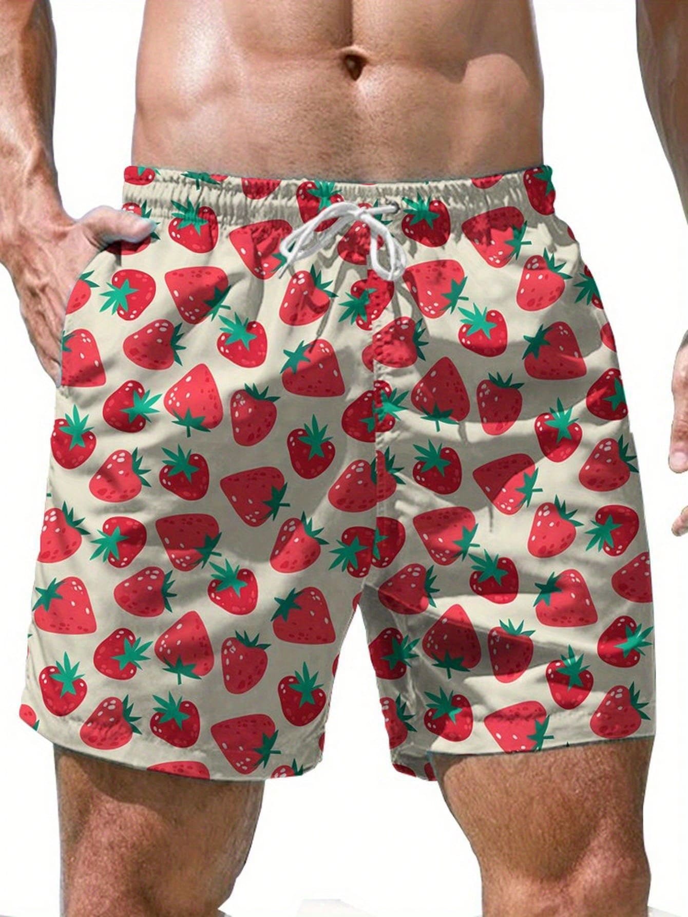Men's Quick-Dry Beach Shorts - Lightweight Swim Trunks With Adjustable Drawstring Waistband, Full Front Strawberry Print - Lightweight Swimwear For Pool, Vacation, Summer Outfits - Breathable Bathing Suit (Men), Poolside Apparel, Playful Pattern, Comfortable Fit - Style1 - View 1