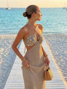 Vestido de mujer minimalista y elegante de cuello halter, estilo casual y chic, para primavera/verano y vacaciones en la playa - Camello - Ver 5