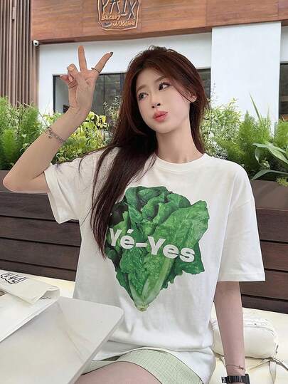 Áo thun nữ tay ngắn cổ tròn, dáng rộng, in họa tiết, màu trơn, thích hợp cho mùa xuân/hè.