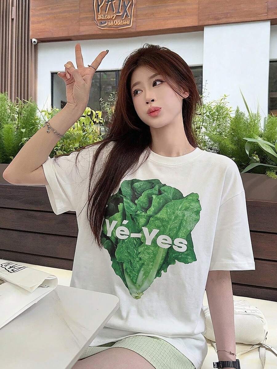 纯色印花圆领宽松休闲女式短袖T恤，春夏款 白色 - 白色 - 查看 1
