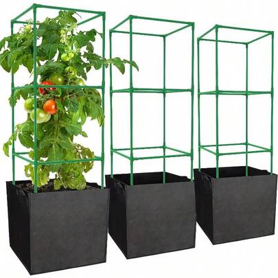 3pcs Thickened Breathable Gardening Plant Bags, 7 Gallon (27.5L) Square Grid Planting Boxes, Lightweight , Suitable For Indoor And Outdoor Use, Grid Design Fits For Planting Vegetables And Flowers, Indoor Gardening Accessories