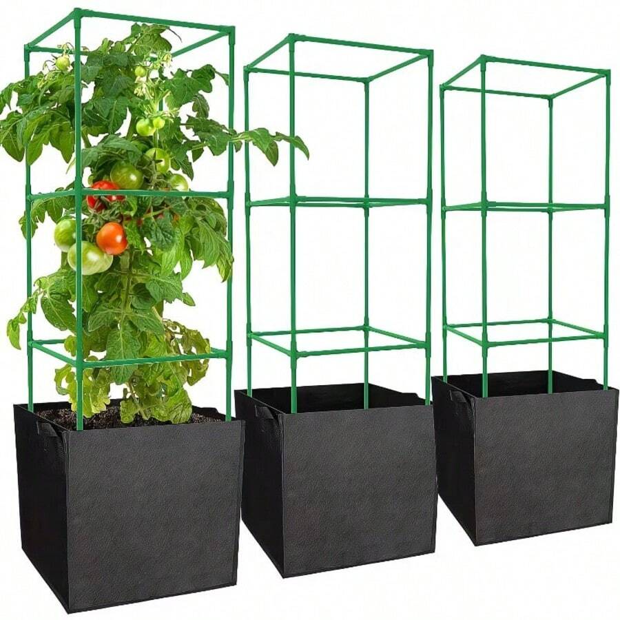 3个加厚透气园艺种植袋,7加仑(27.5升)方形网格种植箱,轻便,适合室内外使用,网格设计适合种植蔬菜和花卉,室内园艺配件 - 黑色 - 查看 1