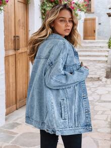 Women's Loose Denim Jacket Summer Casual Non-Stretch Vintage Acid Wash Boyfriend Style Trucker Jacket With Pockets - Blue - View 3