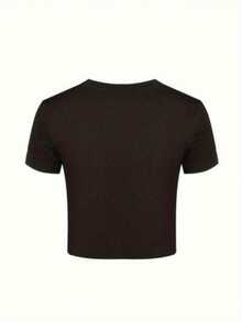 Women's Crop TopNew  Women's Y2K Short-Sleeve High-Waist T-Shirt - Unique Leaf/Letter Print Pattern Design - Versatile, Fashionable, Sweet & Cool, Spicy Style - Artistic Everyday Versatile Fit - Simple, , Micro-Stretch FabricShow Your Waist Perfectly - Black - View 2