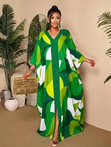 BIUBIU Plus Size Women's Elegant Casual Summer Maxi Dress - Green & White Geometric Print V-Neck Batwing Kaftan Dress, Suitable For Vacation & Beach Spring - White Green - View 3