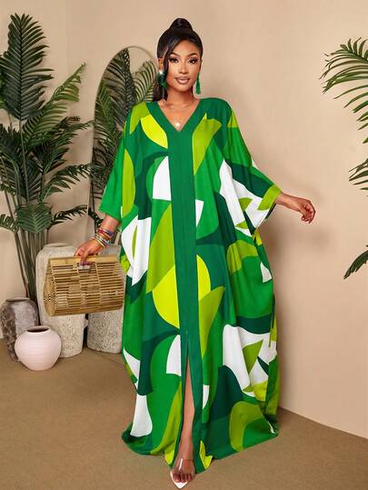 BIUBIU Vestido maxi de verano elegante y casual para mujer talla grande - Estampado geométrico verde y blanco con cuello en V y mangas tipo murciélago tipo kaftan, perfecto para vacaciones y playa