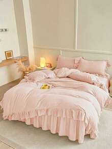 Soft Pink Cream Ruffled Duvet Cover 3 Pieces Set (1*Duvet Cover + 2*Pillowcases), Suitable For Bedroom & Guest Room, All Season, Machine Washable - Baby Pink - View 6