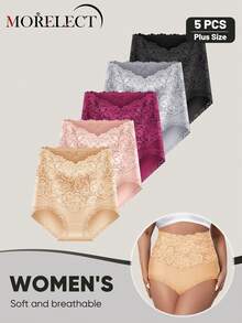 Morelect 5pcs/Pack Women Plus Size High Waist Tummy Control Cotton Briefs, Lace Patchwork, Full Coverage, Jacquard Pattern - Multicolor - View 5