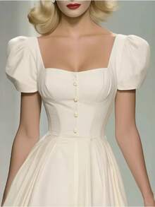 Vestido midi de corte A con escote corazón, estilo retro y elegante, nueva colección 2026 - Beis - Ver 3