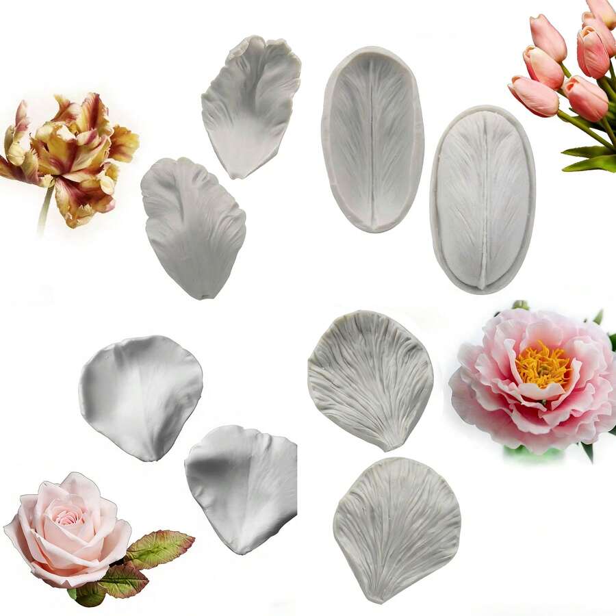 Peony, Tulip, Rose Petal Double-Sided Textured Silicone Mold, Fondant Cake Decorating Mold, Reusable Kitchen Baking Tool For Wedding, Birthday Party Decoration