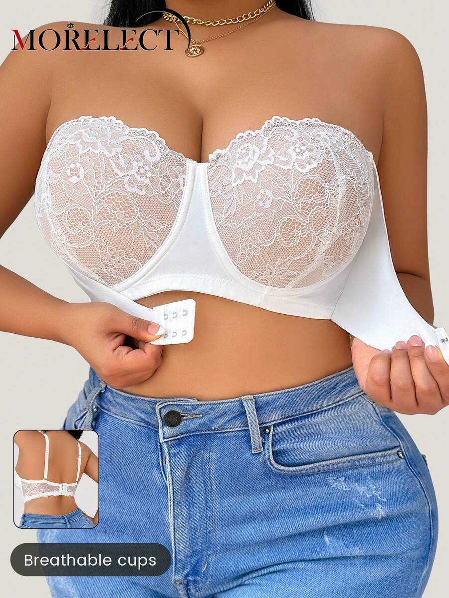 Morelect Plus Size Women Lace Underwire Bra, Front Closure, Lift & Support, Padded Cup - White - View 1