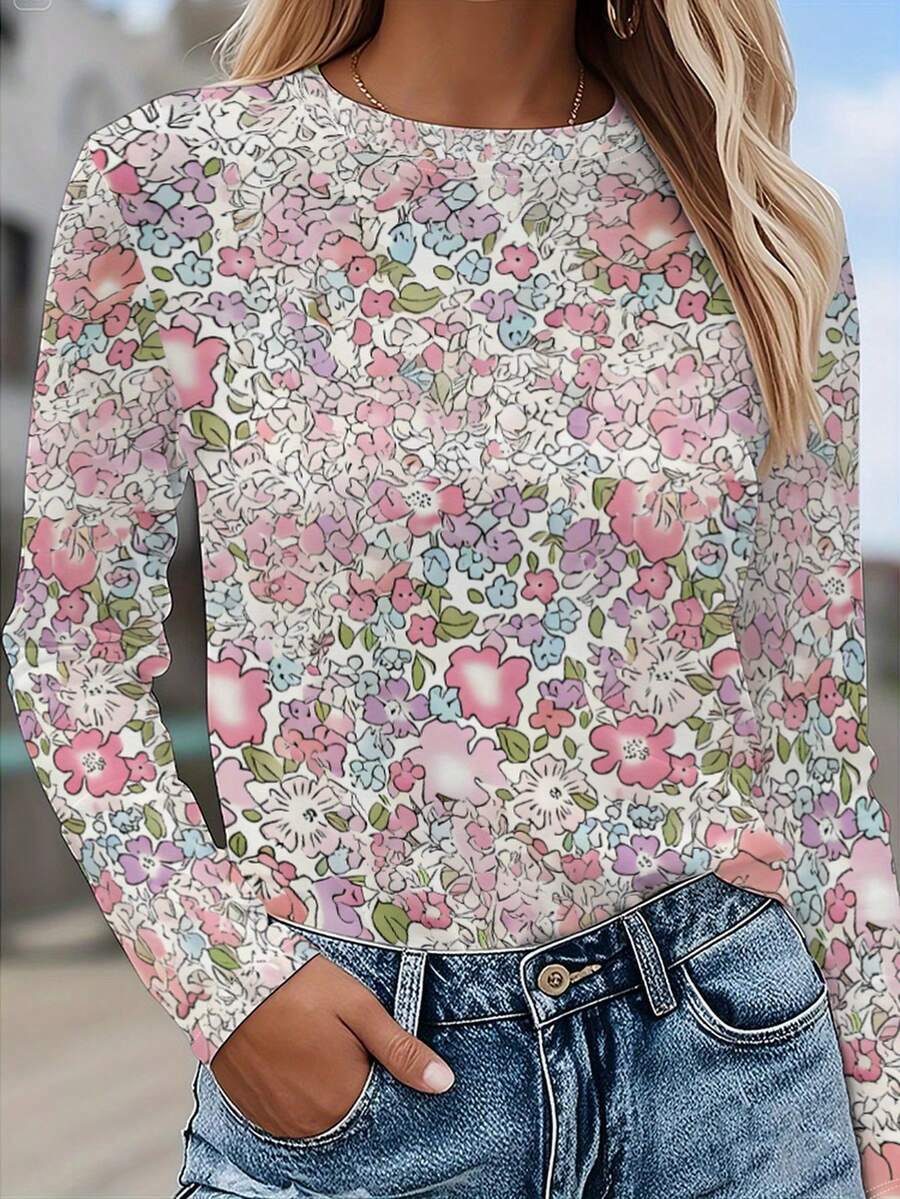 Women's 3D Long Sleeve T-Shirt Sweatshirt Top - Suitable For Casual Sports, Workwear, Home Wear, And Gifts. Women's Soft Multi-Color Full-Print T-Shirt - Soft Round-Neck Long Sleeve Top, Suitable For Casual Layering In Spring, Autumn, And Winter, Machine Washable For Comfortable Seasonal Wear - 彩色 - 查看 1