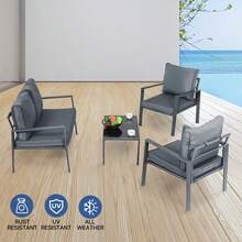 Patio Furniture Set Of 4, Heavy Duty Conversation Sets Outdoor Metal Table And Loveseat Chairs Set With Upholstered Seat And Pillows - 深灰色 - 查看 6