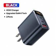 1个65W/45W/30W氮化镓充电器，2个Type-C接口+1个USB-C接口，支持QC4.0快充，兼容 17 Pro Max/17 Pro/17/Air/16/15/14/13/12/11/XS/XR/8/7/6，S25/S24/S23/S22/S21 Ultra Plus - 黑色 - 查看 8