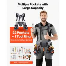 Tool Belt, 22 Pockets Tool Pouch With Suspenders For Men, Heavy Duty Adjustable Utility Belt Bag Suspenders For Electrician, Carpenter, Construction, Work Apron Organizer Waist Adjust 32 To 68in - Strappy Style, Regular Style, Double Waist Bag, Gray - View 2