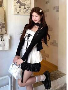 Áo hai dây nữ mới với viền ren và nơ chấm bi, thích hợp cho mùa xuân/hè. - trắng - Xem 2