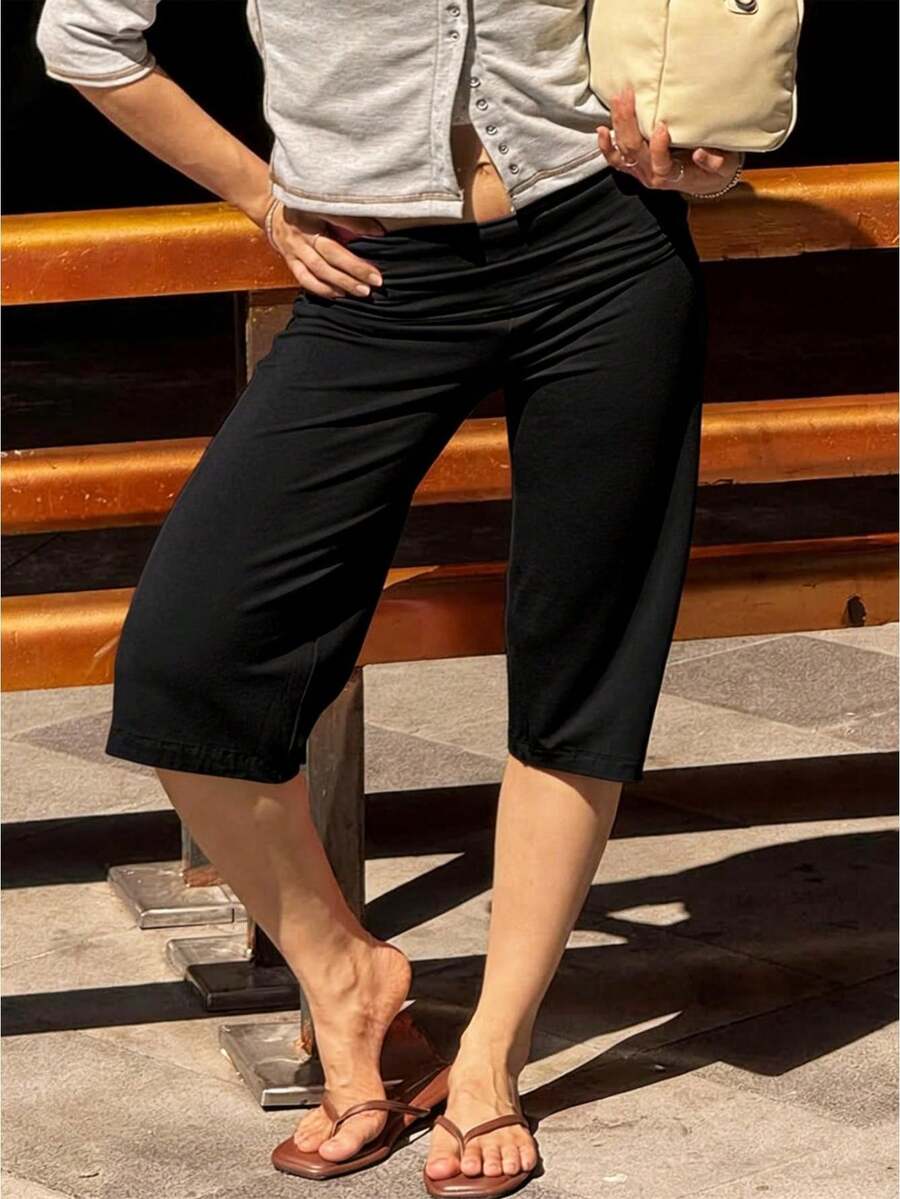 Women Casual Fold Over Loose Fit Capri Pant Leg Cropped Flowy Cotton Gaucho Pants Comfy Casual Yoga Coluttes Pajama Bottom Soft Comfortable Cropped Trouser Lounge Sleepwear Bottoms - 黑色 - 查看 1