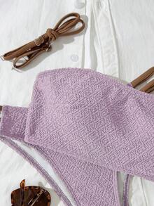 Lavender Crinkle Texture Strapless High Waist Bikini Set, Fashionable Aesthetic Vacation Style Beach - Mauve Purple - View 5
