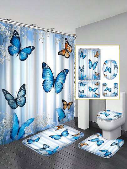 Bộ 1/4 món gồm rèm tắm, rèm cửa phòng tắm màu xanh nhạt phối hoa và bướm, mang phong cách tươi mới và đẹp mắt, thanh lịch tự nhiên, cùng với chất liệu mộng mơ như trong truyện cổ tích. Bộ sản phẩm gồm 12 móc treo, kích thước 72*72 inch, kèm theo một tấm phủ bồn cầu, thảm phòng tắm và thảm trải sàn.