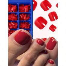 100pcs Glossy Fake Toenails, 12 Sizes/Box, White Press-On Nails, Full Cover Short Square Artificial Toenails, Synthetic Foot Nail Art, Suitable For Women And Girls - 紅色 - 查看 5