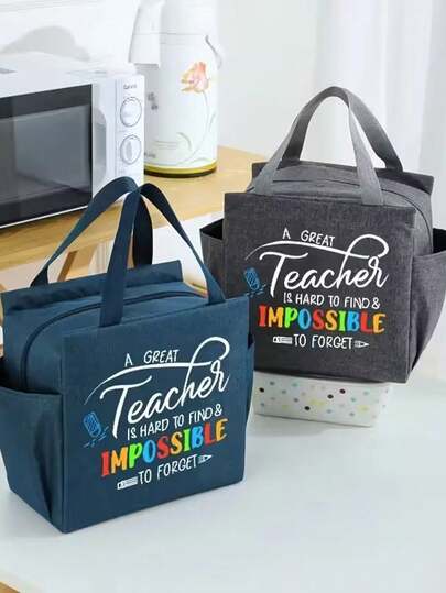 教师首选保温手提袋，加厚保温收纳手提袋，印有彩色铅笔和励志语录，配有黑色餐具收纳袋，双口袋午餐盒袋，保温冷藏餐袋，便携式旅行野餐袋，办公室学校午餐保温盒，工作午餐盒，男女通用多功能露营学校午餐盒