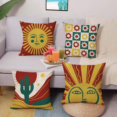 4件套波西米亚风太阳脸装饰枕套，波西米亚西部沙漠仙人掌日落门廊户外家居装饰，复古格子沙发靠垫套