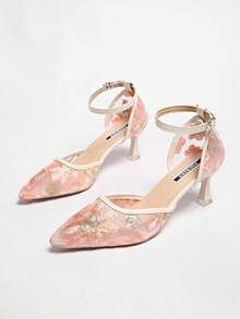 New Chinese Style White High Heel Mules, Pointed Toe Lace Embroidery Convertible Sandals For Women,Summer Shoes - Pink - View 4