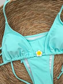 Sexy & Elegant Light Blue Bikini Set - 2pcs Beach Holiday Swimwear With 3D Floral Decor Vacation Summer - Baby Blue - View 4