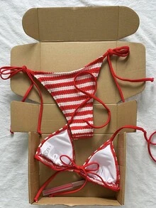 Women's Fashionable Sweet Woven Colorblock Striped Bikini Swimwear, Suitable For Pool Party And Beach Vacation, Spring/Summer - Red and White - View 3