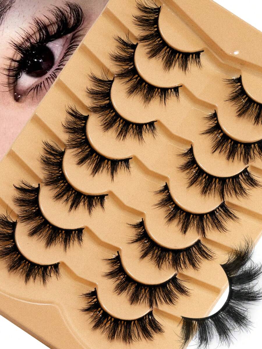 7 Pairs Thick Natural Look False Eyelashes, Cat Eye Mink Lashes, Fox Eye Lashes - Black - View 1