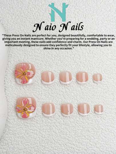NAIO 10片夏季手工美甲贴纸（手指甲和脚趾甲可选），短款矩形贴片，Y2K酷炫风格，裸色，白色法式边，白色渐变，3D立体花朵，波浪纹，饰以金色珠子。光泽质感，适合女性和女孩，适合派对和日常佩戴。包含工具包，是送给女性美甲爱好者的完美礼物。