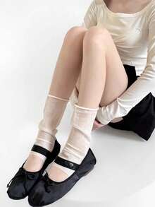 1 đôi tất giữ ấm chân mùa hè kiểu dáng ôm, tất giữ ấm mắt cá chân mỏng hở ngón màu trắng dành cho nữ, tất giữ ấm chân đến giữa bắp chân màu xám. - Nhiều màu - Xem 4