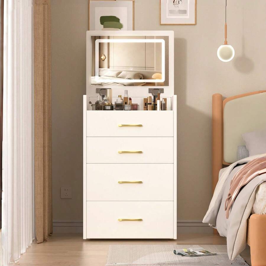 3-In-1 Dressing Table With Open Mirror / Small Dressing Table Set / With Clear Glass Tabletop / Space-Saving Design / Suitable For Small Rooms, Apartments And Bedrooms - White - View 1