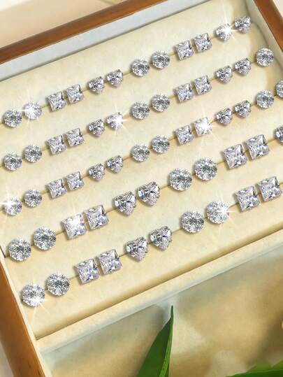 72/48pcs Fashionable Minimalist Elegant Delicate Retro Geometric Heart-Shaped & Round Rhinestone Stud Earrings Set, Multi-Size Multi-Piece Stackable Earrings, Holiday, Party, Date, Gift, Daily Wear