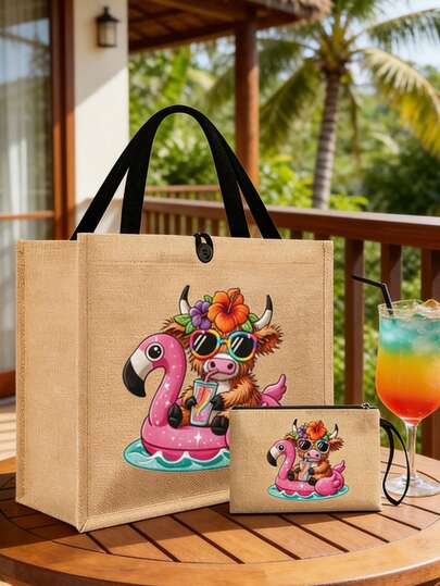 Linen Tote Bag And Pouch Set, Printed With Flamingo And Tropical Style Calf With Glasses Cartoon Pattern, Large Capacity Beach Bag, Portable Cosmetic Bag, Fashion Handbag, Casual Holiday Bag, Cosmetic Storage Bag, Essential For Summer, Suitable For School, Vacation, Holidays, Ideal Gift For Friends And Teachers, Suitable For Birthday, Party, Summer, Vacation, Holidays, Wedding, Spring And Summer Gifts