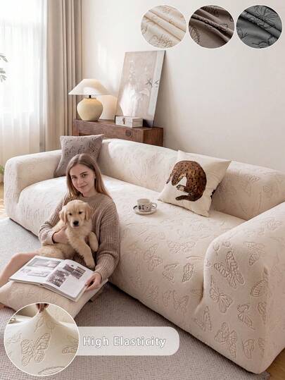 1 Stück Plüsch Samt Jacquard Stretch Sofabezug, Ganzjahres Sofaüberwurf, minimalistischer moderner Stil rutschfester Sofaschutz passend für 1/2/3/4/5-Sitzer Sofa (inklusive 1 Kissenbezug)