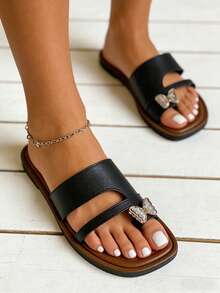 Women's Slides Sliders, Butterfly Design, Summer Shoes, Toe Ring Sandals, Women's Black Sandals, Women's Flat Sandals, Summer Sandals, Comfortable Women's Sandals, Sandals, Women's Outdoor Slippers, Flat Sandals, Apartment, Beach Vacation Elegant Slippers (Runs 2 Sizes Small) - Black - View 3