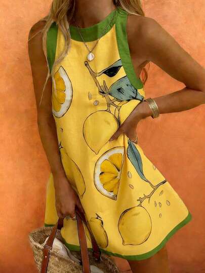 Sea Starshine Bohemian Style Summer Beach Casual Vacation Comfortable Women's Colorblock Lemon Leaf Print Sleeveless Dress, Suitable For Brunch Elegant