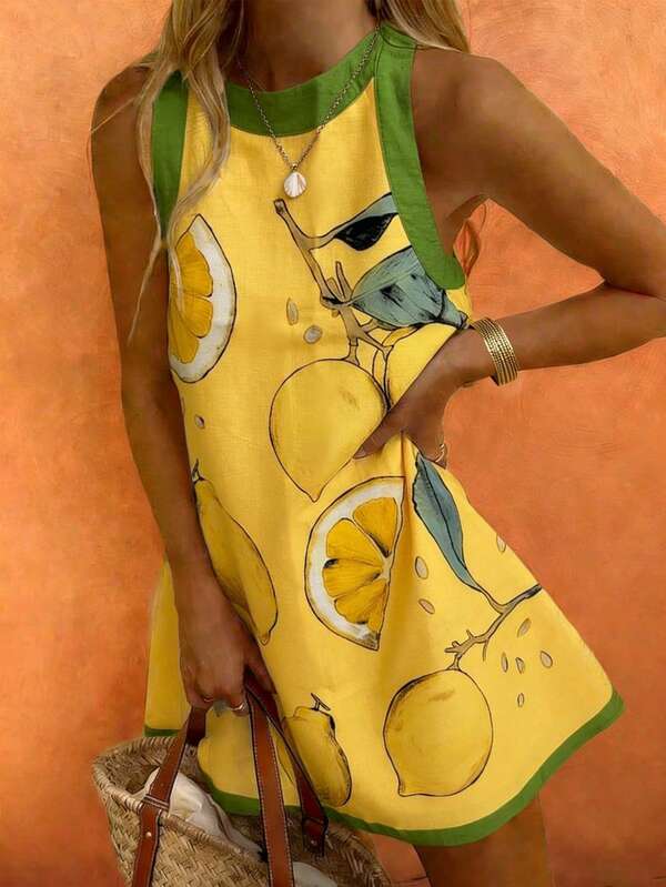 Vestido de verano casual de vacaciones cómodo con estampado de hojas de limón y bloques de color en estilo bohemio para mujer, adecuado para brunch elegante
